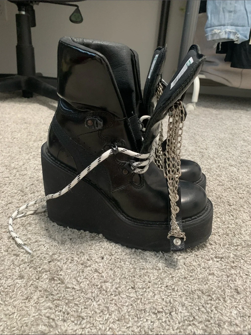 Puma x Fenty Rhianna Black Platform Lace-Up Ankle Boots with Chain Accent